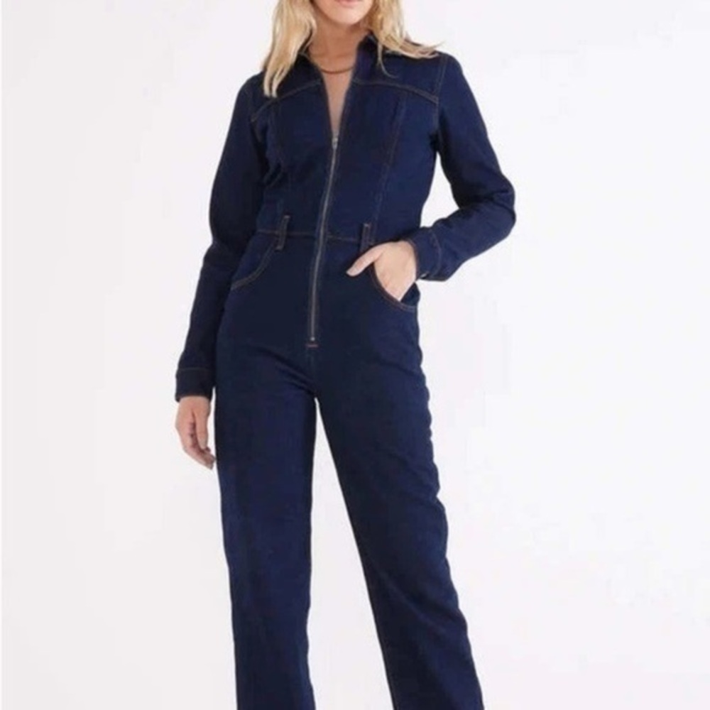 NEW Etica Farah Retro Denim Zip Up Jumpsuit Dark Blue SZ S